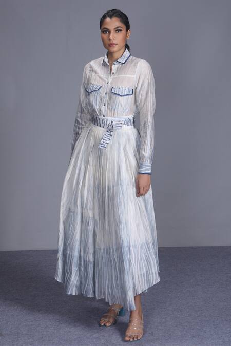 Buy_The Loom Art_Blue Chanderi Silk Shibori Pleated Skirt With Belt _Online_at_Aza_Fashions
