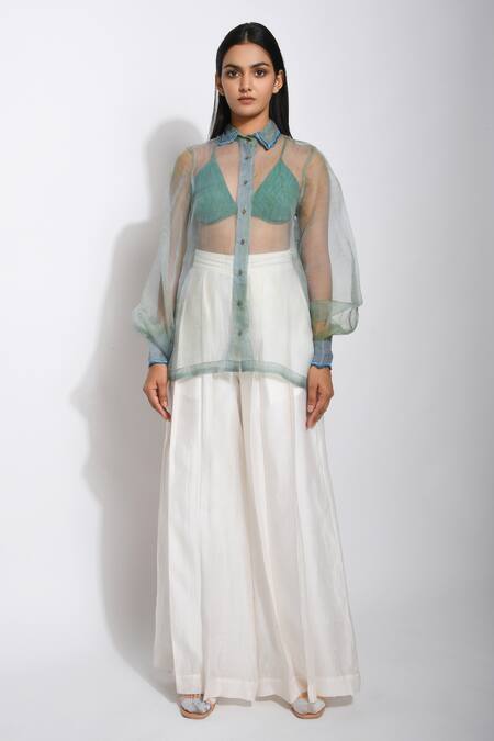 Shop_The Loom Art_Blue Organza Silk Shibori Shirt _Online_at_Aza_Fashions