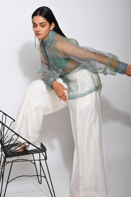 The Loom Art_Blue Organza Silk Shibori Shirt _Online_at_Aza_Fashions