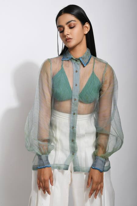 Buy_The Loom Art_Blue Organza Silk Shibori Shirt _Online_at_Aza_Fashions