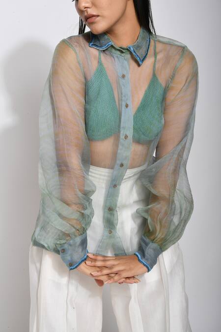 The Loom Art_Blue Organza Silk Shibori Shirt _at_Aza_Fashions