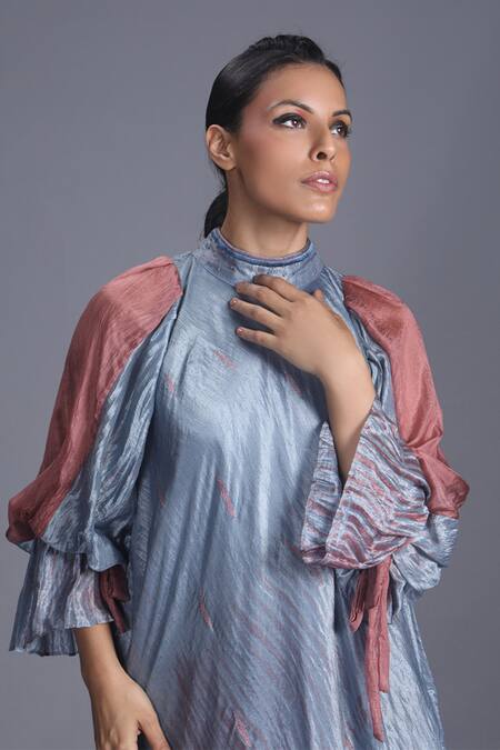 Buy_The Loom Art_Blue Handwoven Dupion Silk Shibori Dress _Online_at_Aza_Fashions