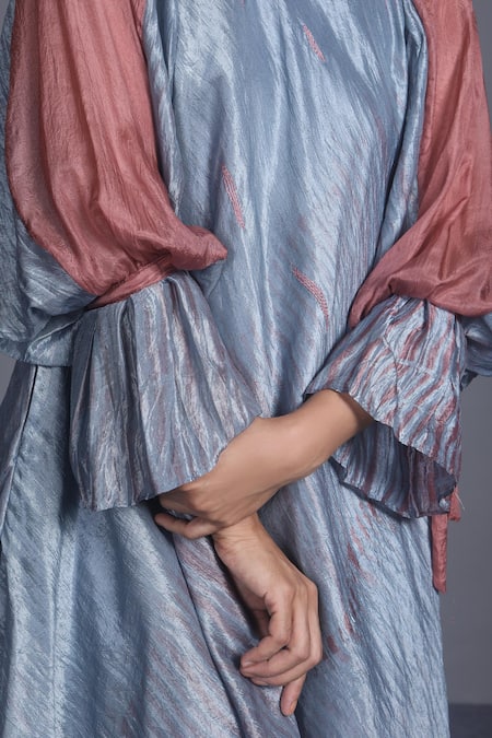 The Loom Art_Blue Handwoven Dupion Silk Shibori Dress _at_Aza_Fashions