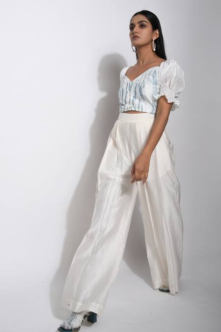 The Loom Art_White Chanderi , Pure Handwoven Shibori Crop Top _Online_at_Aza_Fashions