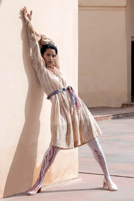 The Loom Art_White Handwoven Cotton Silk Shibori Tunic  _Online_at_Aza_Fashions