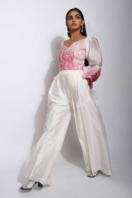 The Loom Art_White Chanderi , Pure Handwoven Shibori Crop Top _Online_at_Aza_Fashions