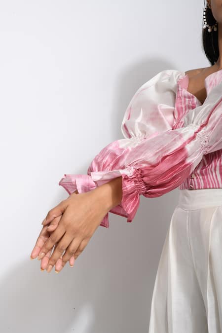 Shop_The Loom Art_White Chanderi , Pure Handwoven Shibori Crop Top _Online_at_Aza_Fashions