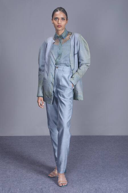 The Loom Art_Blue Chanderi Silk Pant_Online_at_Aza_Fashions