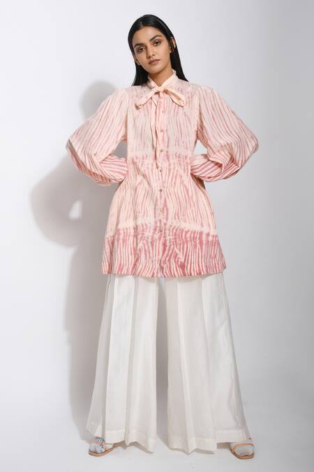 The Loom Art_Peach Cotton Silk Shibori Tunic _at_Aza_Fashions
