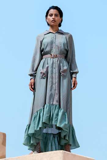 The Loom Art_Green Pure Handwoven Silk Shibori Dress _Online_at_Aza_Fashions