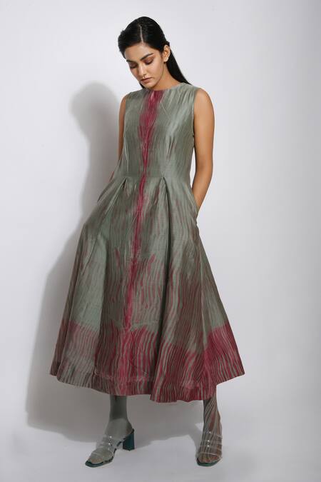 The Loom Art_Green Chanderi Silk Shibori Dress _Online_at_Aza_Fashions