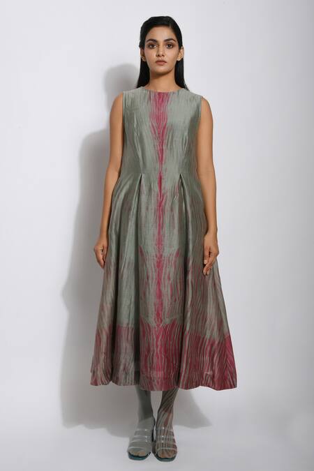 Shop_The Loom Art_Green Chanderi Silk Shibori Dress _Online_at_Aza_Fashions