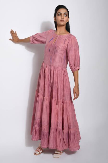 The Loom Art Pink Handwoven Cotton Silk Shibori Dress Online at Aza Fashions The Loom Art_Pink Handwoven Cotton Silk Shibori Dress _Online_at_Aza_Fashions