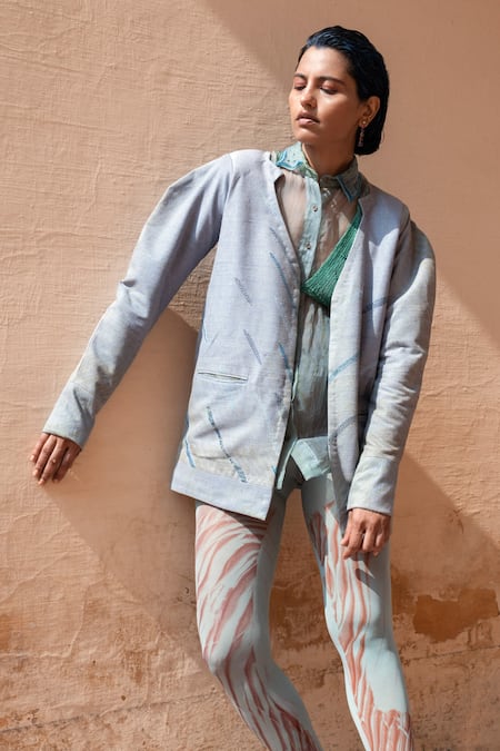 Shop The Loom Art Blue Matka Silk Embroidered Shibori Jacket at Aza Fashions Shop_The Loom Art_Blue Matka Silk Embroidered Shibori Jacket _at_Aza_Fashions