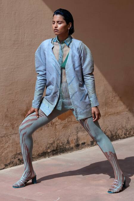 The Loom Art Blue Matka Silk Embroidered Shibori Jacket Online at Aza Fashions The Loom Art_Blue Matka Silk Embroidered Shibori Jacket _Online_at_Aza_Fashions