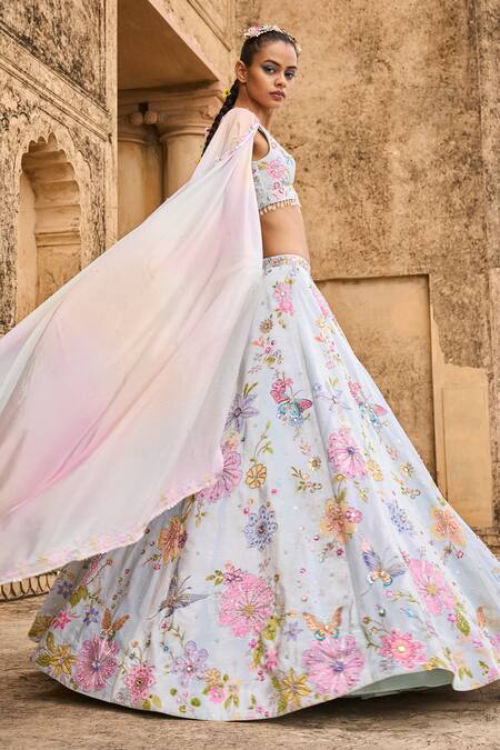 Lashkaraa Blue Velvet, Satin, Chiffon Sequins, Floral Embroidered Bridal Lehenga Set Online at Aza Fashions Lashkaraa_Blue Velvet, Satin, Chiffon Sequins, Floral Embroidered Bridal Lehenga Set_Online_at_Aza_Fashions