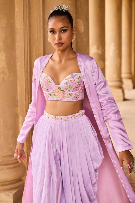 Lashkaraa_Purple Velvet, Satin Sequins, Beads, Cut Cutdana Floral Corset Dhoti Pant Set_Online_at_Aza_Fashions