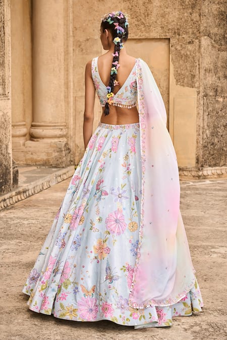 Shop Lashkaraa Blue Velvet, Satin, Chiffon Sequins, Floral Embroidered Bridal Lehenga Set at Aza Fashions Shop_Lashkaraa_Blue Velvet, Satin, Chiffon Sequins, Floral Embroidered Bridal Lehenga Set_at_Aza_Fashions