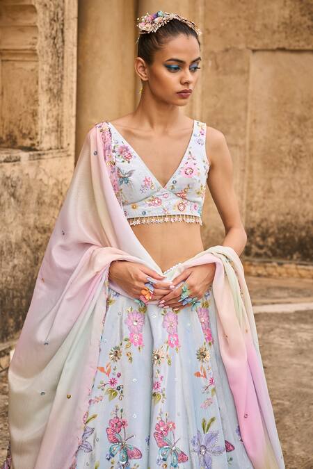 Buy Lashkaraa Blue Velvet, Satin, Chiffon Sequins, Floral Embroidered Bridal Lehenga Set Online at Aza Fashions Buy_Lashkaraa_Blue Velvet, Satin, Chiffon Sequins, Floral Embroidered Bridal Lehenga Set_Online_at_Aza_Fashions