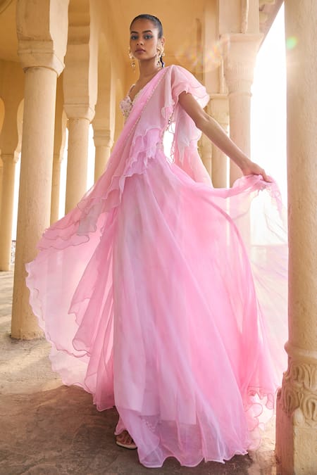 Lashkaraa_Pink Chiffon, Satin, Velvet Sequins, Beads, Cut Ruffle Trim Pre-draped Saree Set _at_Aza_Fashions