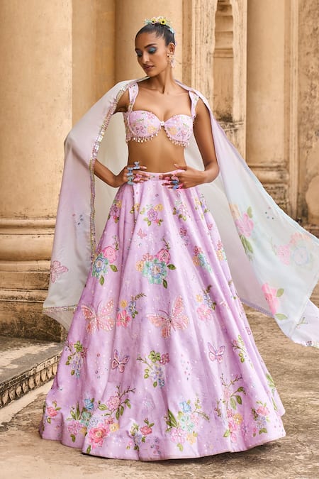 Buy_Lashkaraa_Purple Velvet, Satin Beads, Sequins, Cut Work, Peony And Butterfly Lehenga Set_Online_at_Aza_Fashions