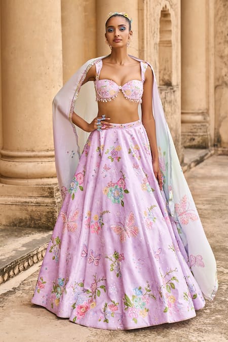 Shop_Lashkaraa_Purple Velvet, Satin Beads, Sequins, Cut Work, Peony And Butterfly Lehenga Set_Online_at_Aza_Fashions