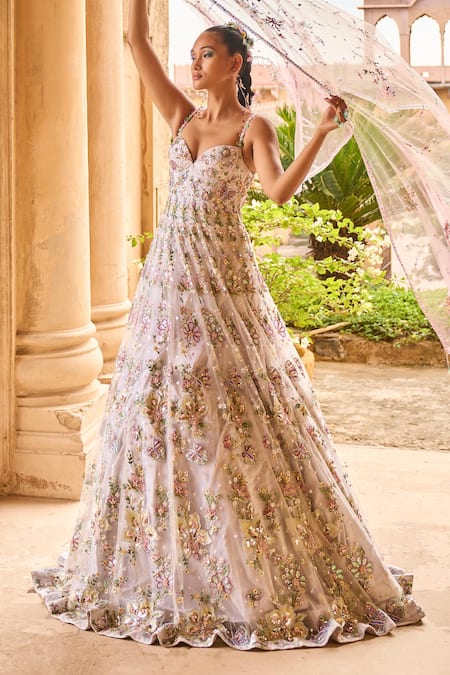 Lashkaraa_Gray Net, Satin, Velvet Sequins, Floral Butterfly Embellished Anarkali Set_Online_at_Aza_Fashions