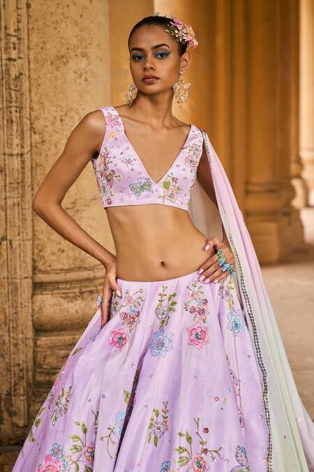 Buy_Lashkaraa_Purple Velvet, Satin Sequins, Floral Butterfly Embroidered Bridal Lehenga Set_Online_at_Aza_Fashions