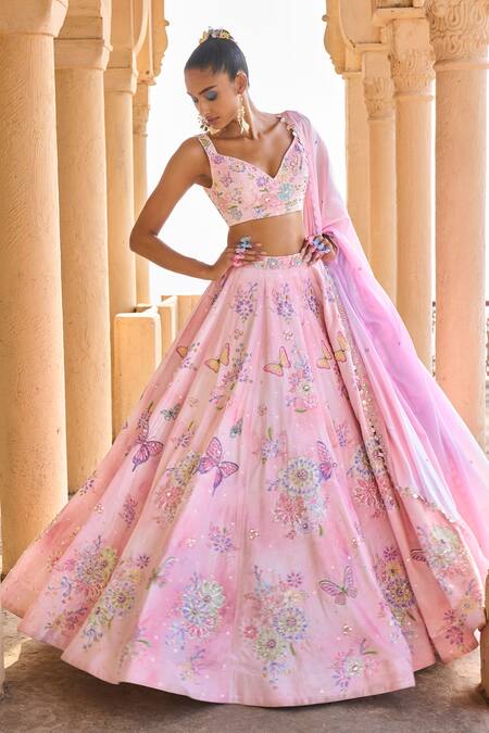 Lashkaraa Pink Velvet, Satin, Chiffon Embroidery, Beads, Floral Embellished Lehenga Set Online at Aza Fashions Lashkaraa_Pink Velvet, Satin, Chiffon Embroidery, Beads, Floral Embellished Lehenga Set_Online_at_Aza_Fashions