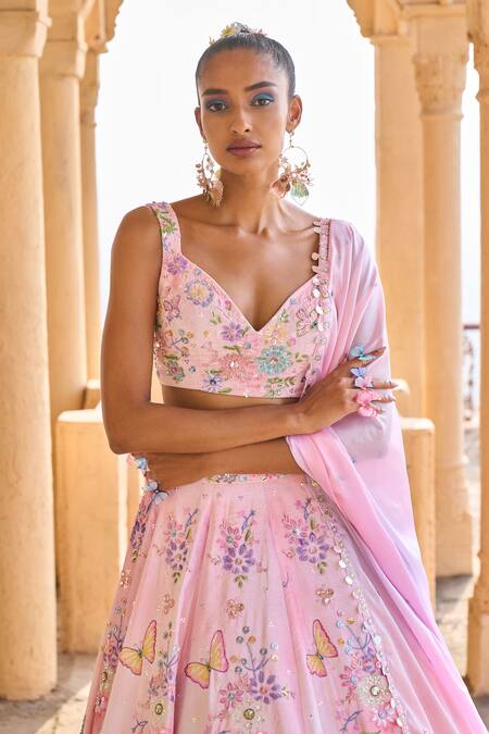 Buy Lashkaraa Pink Velvet, Satin, Chiffon Embroidery, Beads, Floral Embellished Lehenga Set Online at Aza Fashions Buy_Lashkaraa_Pink Velvet, Satin, Chiffon Embroidery, Beads, Floral Embellished Lehenga Set_Online_at_Aza_Fashions