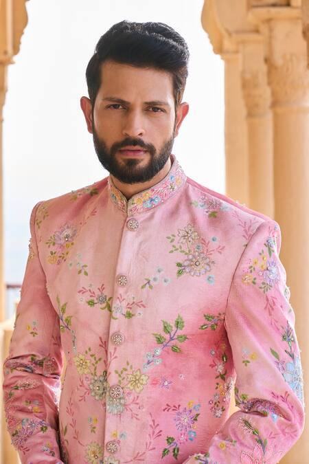 Lashkaraa Peach Velvet, Satin Embroidery, Beads Printed Sherwani Set Online at Aza Fashions Lashkaraa_Peach Velvet, Satin Embroidery, Beads Printed Sherwani Set_Online_at_Aza_Fashions
