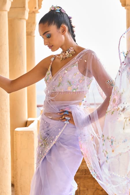 Buy_Lashkaraa_Purple Net, Velvet, Satin Beads, Sequins, Cut Floral Beaded Pre-draped Saree Set _Online_at_Aza_Fashions