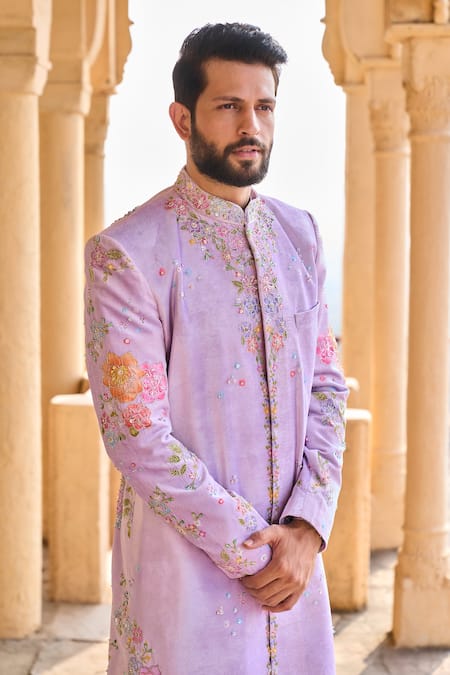 Lashkaraa_Purple Velvet, Satin Embroidery, Beads Floral Sherwani Set_Online_at_Aza_Fashions