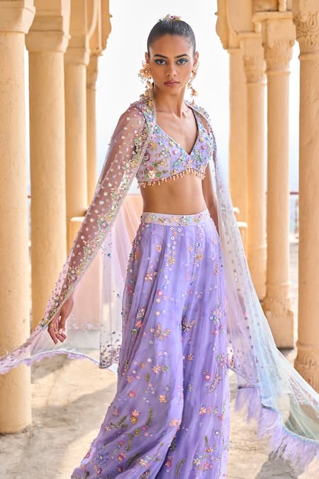 Lashkaraa_Purple Net, Satin Beads, Sequins, Embroidery Lavender Embellished Sharara Set_at_Aza_Fashions