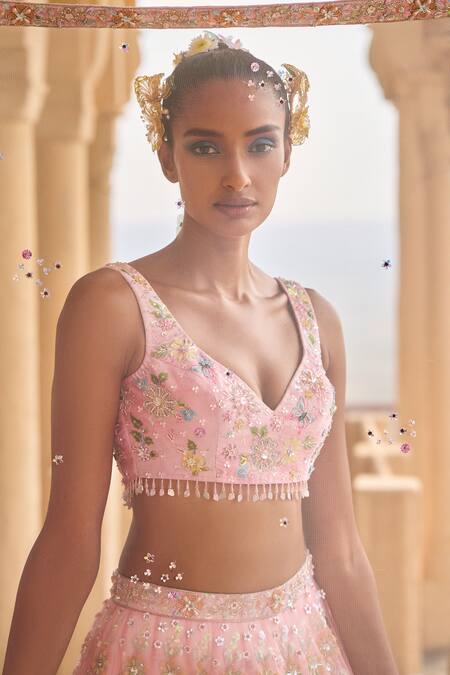 Buy_Lashkaraa_Peach Velvet, Satin, Net Sequins, Stones, Zari Embellished Bridal Lehenga Set_Online_at_Aza_Fashions