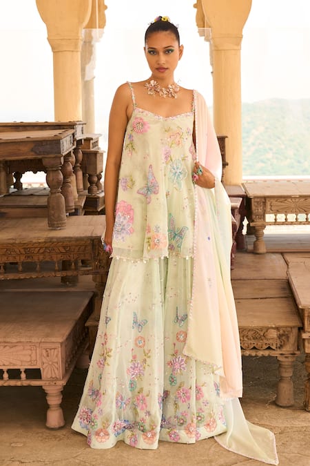 Lashkaraa_Green Velvet, Satin, Chiffon Sequins, Cut Butterfly Floral Embellished Tunic Set_Online_at_Aza_Fashions