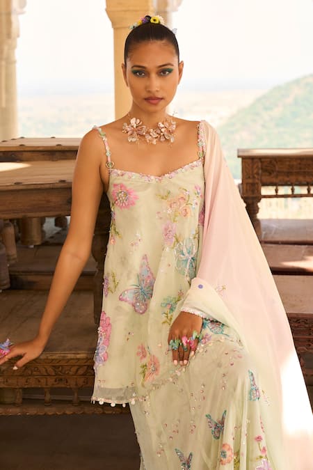 Buy_Lashkaraa_Green Velvet, Satin, Chiffon Sequins, Cut Butterfly Floral Embellished Tunic Set_Online_at_Aza_Fashions