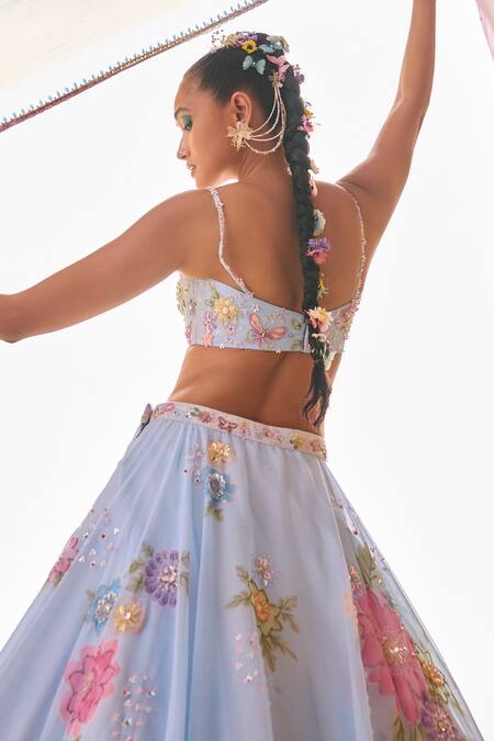 Lashkaraa_Blue Velvet, Chiffon, Satin Sequins, Beads, Butterfly Embroidered Lehenga Set_Online_at_Aza_Fashions