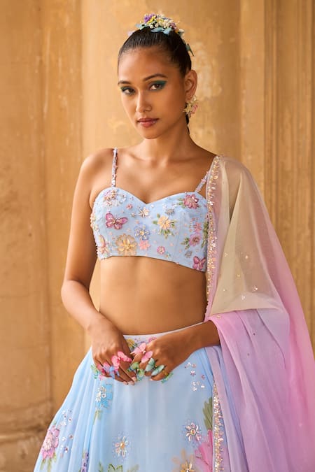 Buy_Lashkaraa_Blue Velvet, Chiffon, Satin Sequins, Beads, Butterfly Embroidered Lehenga Set_Online_at_Aza_Fashions