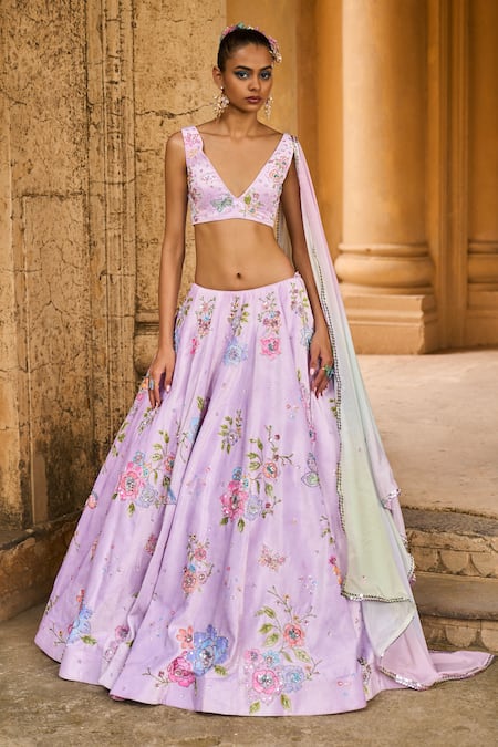 Lashkaraa_Purple Velvet, Satin Sequins, Floral Butterfly Embroidered Bridal Lehenga Set_Online_at_Aza_Fashions