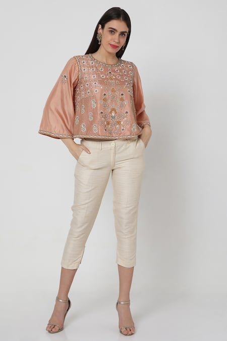 Labbada Peach Top Silk Pant Handloom Cotton Embroidery Round And Set 