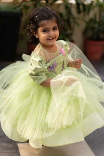 Lil Angels_Green Net, Denim Sequins, Embroidery Bird Motif Embellished Dress _Online_at_Aza_Fashions