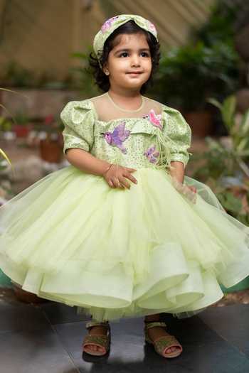 Buy_Lil Angels_Green Net, Denim Sequins, Embroidery Bird Motif Embellished Dress _Online_at_Aza_Fashions