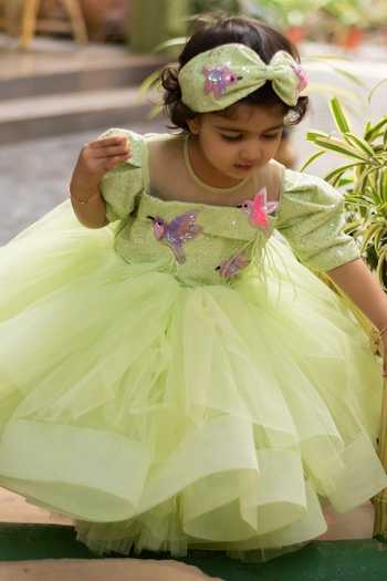 Shop_Lil Angels_Green Net, Denim Sequins, Embroidery Bird Motif Embellished Dress _Online_at_Aza_Fashions