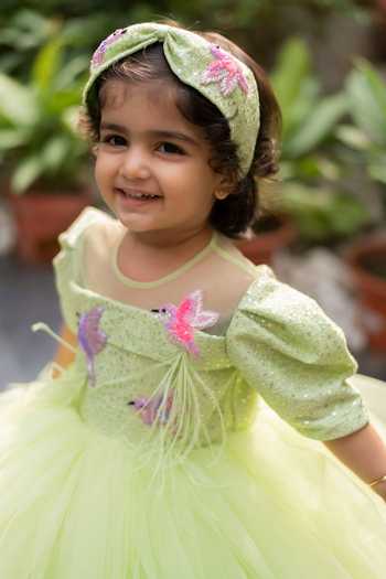 Lil Angels_Green Net, Denim Sequins, Embroidery Bird Motif Embellished Dress _at_Aza_Fashions
