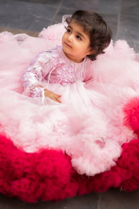 Lil Angels_Pink Net, Denim Sequins, Embroidery Ruffle Gown_Online_at_Aza_Fashions