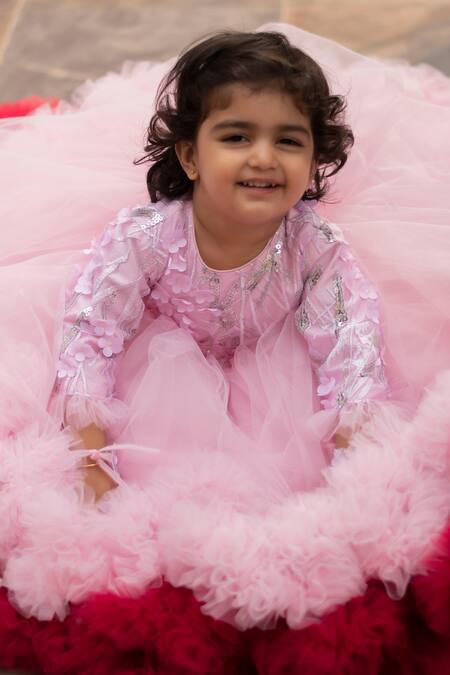 Shop_Lil Angels_Pink Net, Denim Sequins, Embroidery Ruffle Gown_Online_at_Aza_Fashions