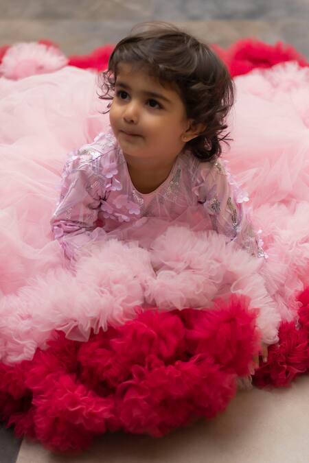 Lil Angels_Pink Net, Denim Sequins, Embroidery Ruffle Gown_at_Aza_Fashions