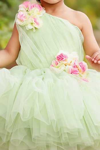 Lil Angels_Green Tulle Fabric Flowers Eden Ruffle Dress _Online_at_Aza_Fashions