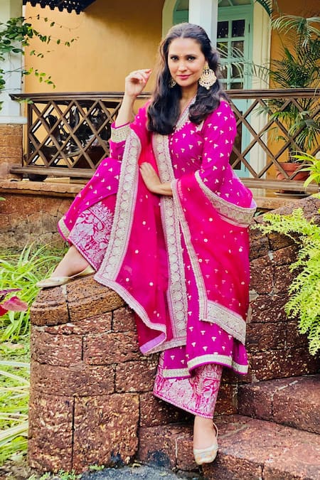 Shop_Gopi Vaid_Pink Dupatta Organza, Kurta Chanderi , Palazzo Tussar Meera Set_Online_at_Aza_Fashions
